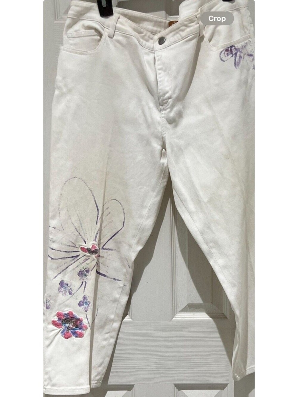 Dana Buchman White Denim Painted Floral Pants 14P